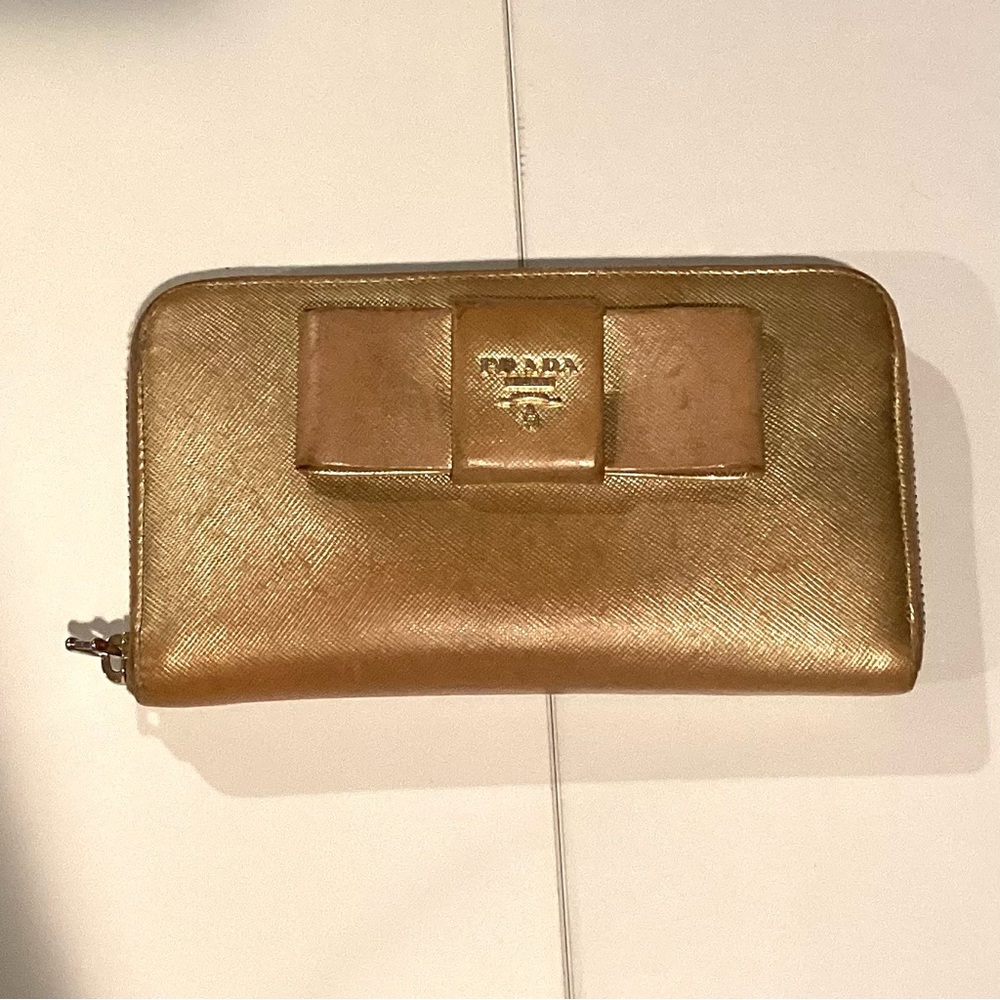 Prada well loved Vintage Metallic Gold Zip-Around Wallet